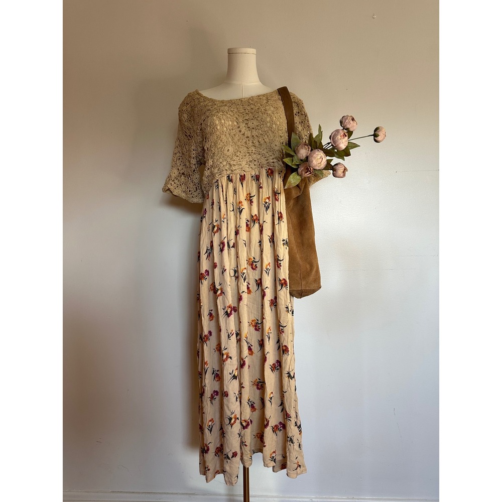 90s Crochet Floral Maxi Fall Dress Tan Boho Cottagecore Mixed Media Prairie M